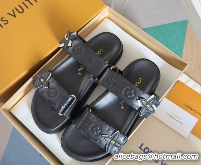 Top Grade Louis Vuitton LV Sunset Flat Comfort Slides Sandal in Perforated Leather with Monogram Flower Black 2025 1AD81