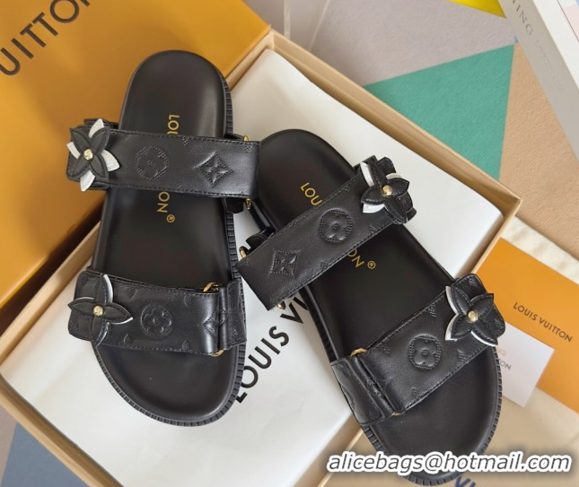 Top Grade Louis Vuitton LV Sunset Flat Comfort Slides Sandal in Perforated Leather with Monogram Flower Black 2025 1AD81