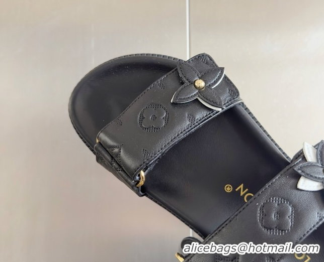 Top Grade Louis Vuitton LV Sunset Flat Comfort Slides Sandal in Perforated Leather with Monogram Flower Black 2025 1AD81