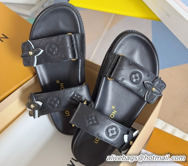 Top Grade Louis Vuitton LV Sunset Flat Comfort Slides Sandal in Perforated Leather with Monogram Flower Black 2025 1AD81