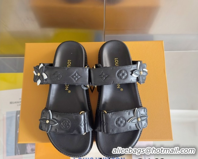 Top Grade Louis Vuitton LV Sunset Flat Comfort Slides Sandal in Perforated Leather with Monogram Flower Black 2025 1AD81