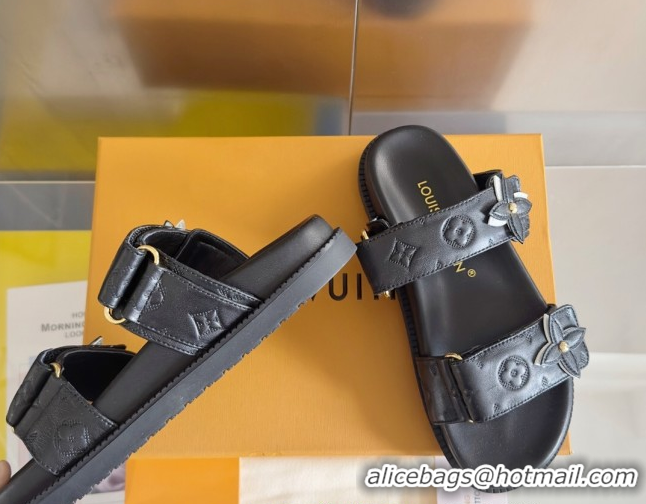 Top Grade Louis Vuitton LV Sunset Flat Comfort Slides Sandal in Perforated Leather with Monogram Flower Black 2025 1AD81