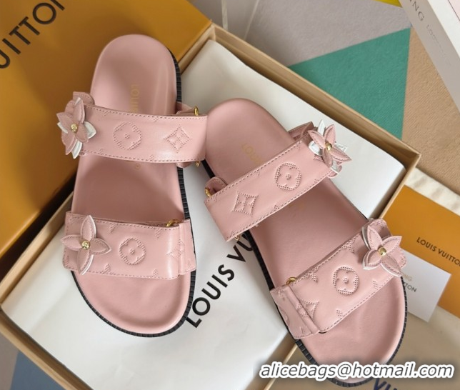 Top Design Louis Vuitton LV Sunset Flat Comfort Slides Sandal in Perforated Leather with Monogram Flower Light Pink 2025