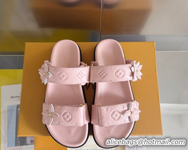 Top Design Louis Vuitton LV Sunset Flat Comfort Slides Sandal in Perforated Leather with Monogram Flower Light Pink 2025