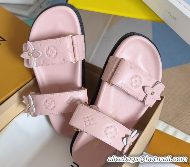 Top Design Louis Vuitton LV Sunset Flat Comfort Slides Sandal in Perforated Leather with Monogram Flower Light Pink 2025