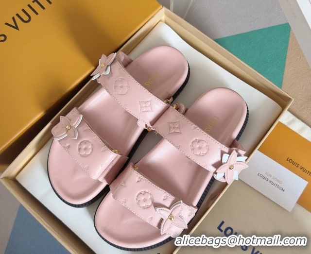Top Design Louis Vuitton LV Sunset Flat Comfort Slides Sandal in Perforated Leather with Monogram Flower Light Pink 2025