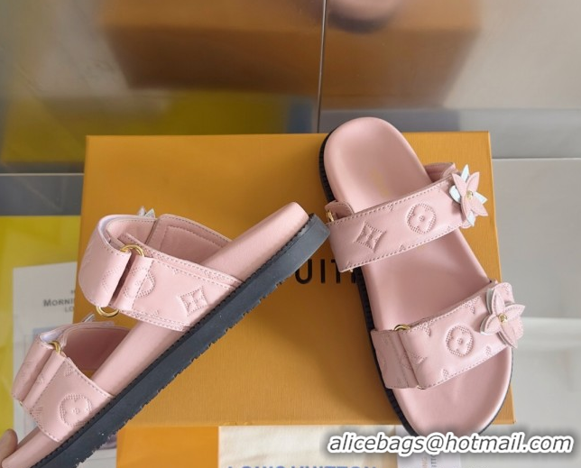 Top Design Louis Vuitton LV Sunset Flat Comfort Slides Sandal in Perforated Leather with Monogram Flower Light Pink 2025