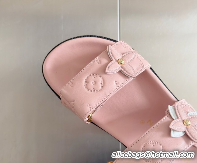 Top Design Louis Vuitton LV Sunset Flat Comfort Slides Sandal in Perforated Leather with Monogram Flower Light Pink 2025