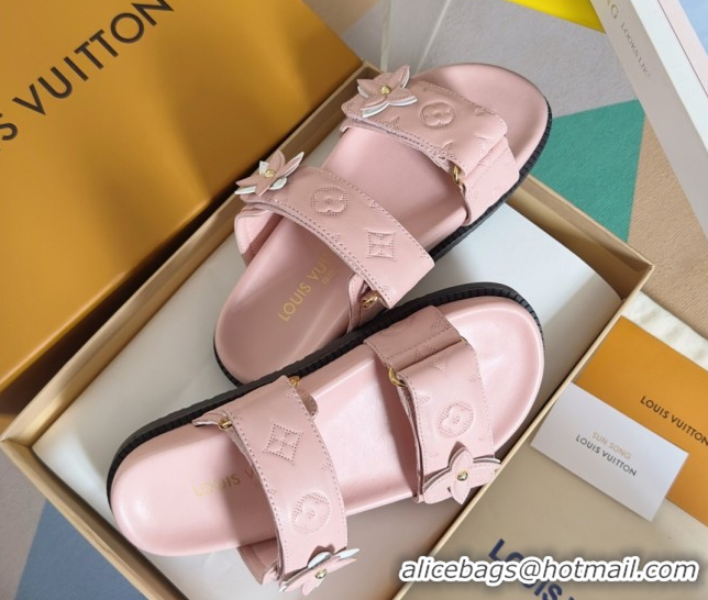 Top Design Louis Vuitton LV Sunset Flat Comfort Slides Sandal in Perforated Leather with Monogram Flower Light Pink 2025