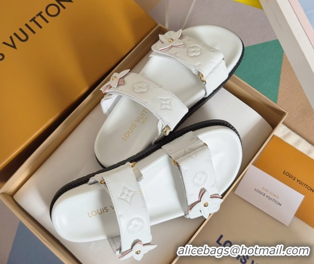 Luxury Cheap Louis Vuitton LV Sunset Flat Comfort Slides Sandal in Perforated Leather with Monogram Flower White 2025 1A