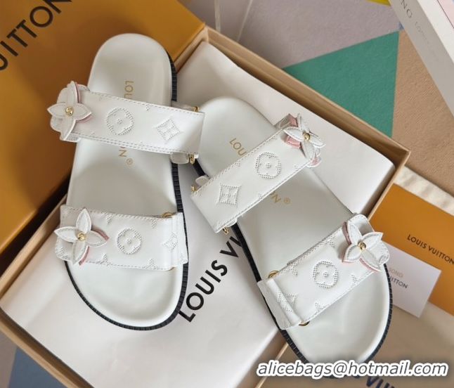 Luxury Cheap Louis Vuitton LV Sunset Flat Comfort Slides Sandal in Perforated Leather with Monogram Flower White 2025 1A