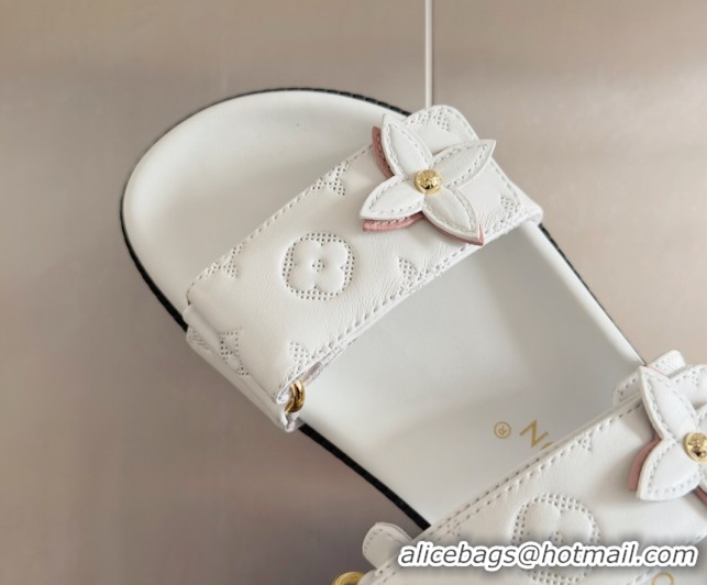 Luxury Cheap Louis Vuitton LV Sunset Flat Comfort Slides Sandal in Perforated Leather with Monogram Flower White 2025 1A
