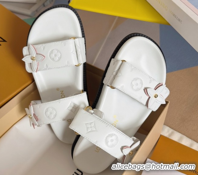 Luxury Cheap Louis Vuitton LV Sunset Flat Comfort Slides Sandal in Perforated Leather with Monogram Flower White 2025 1A