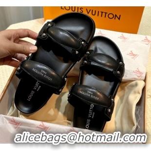 Luxury Louis Vuitton Bom Dia Comfort Slides Sandal in Leather with Studs Black 2025 1AHLOQ
