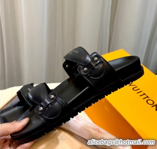 Luxury Louis Vuitton Bom Dia Comfort Slides Sandal in Leather with Studs Black 2025 1AHLOQ