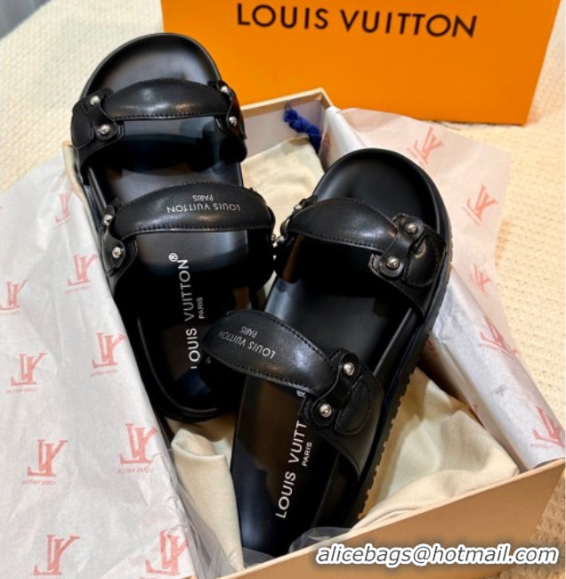 Luxury Louis Vuitton Bom Dia Comfort Slides Sandal in Leather with Studs Black 2025 1AHLOQ