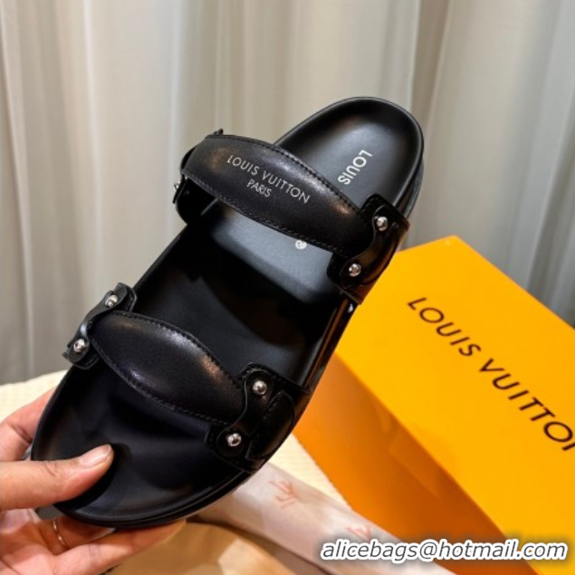 Luxury Louis Vuitton Bom Dia Comfort Slides Sandal in Leather with Studs Black 2025 1AHLOQ