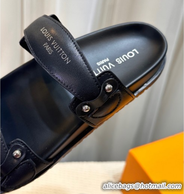 Luxury Louis Vuitton Bom Dia Comfort Slides Sandal in Leather with Studs Black 2025 1AHLOQ