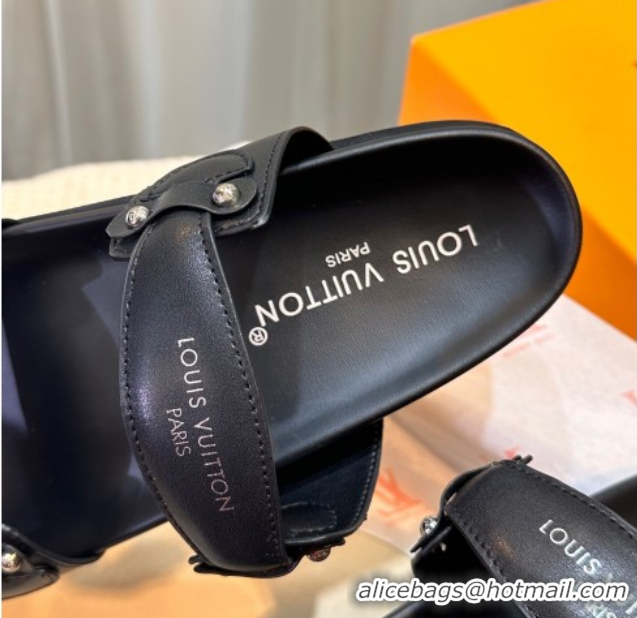 Luxury Louis Vuitton Bom Dia Comfort Slides Sandal in Leather with Studs Black 2025 1AHLOQ