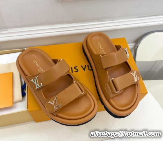 Charming Louis Vuitton Comfort Slides Sandal in Leather with LV Strap Brown 2025 LV042202