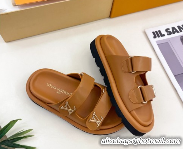 Charming Louis Vuitton Comfort Slides Sandal in Leather with LV Strap Brown 2025 LV042202