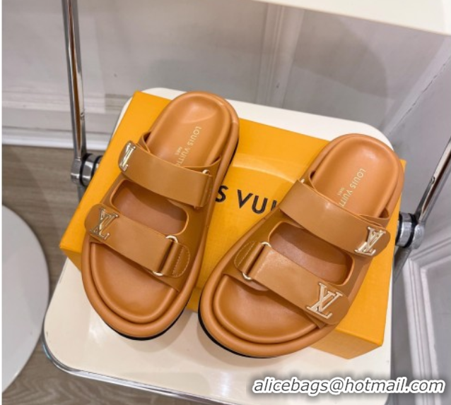 Charming Louis Vuitton Comfort Slides Sandal in Leather with LV Strap Brown 2025 LV042202