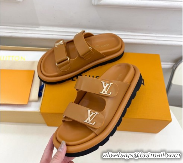 Charming Louis Vuitton Comfort Slides Sandal in Leather with LV Strap Brown 2025 LV042202