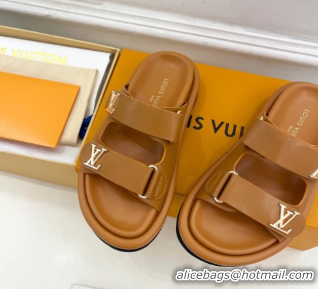 Charming Louis Vuitton Comfort Slides Sandal in Leather with LV Strap Brown 2025 LV042202