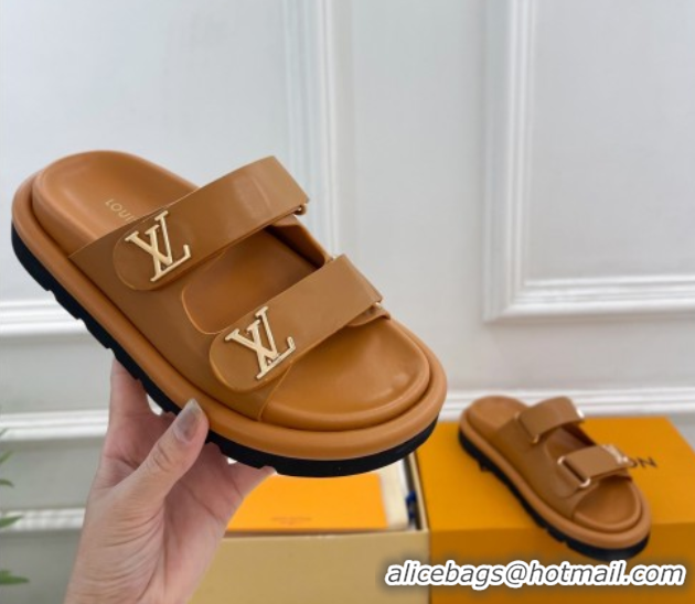 Charming Louis Vuitton Comfort Slides Sandal in Leather with LV Strap Brown 2025 LV042202