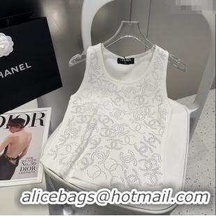 ​Luxury Discount Chanel Knit Vest with Strass CC 0314 White 2025