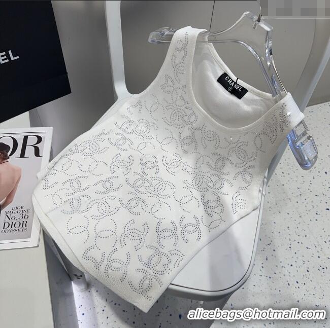​Luxury Discount Chanel Knit Vest with Strass CC 0314 White 2025