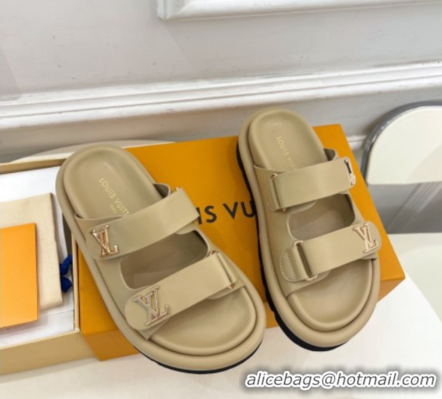 Classic Hot Louis Vuitton Comfort Slides Sandal in Leather with LV Strap Beige 2025 LV042202