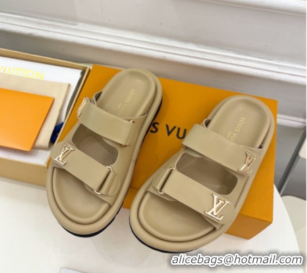 Classic Hot Louis Vuitton Comfort Slides Sandal in Leather with LV Strap Beige 2025 LV042202