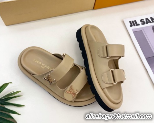 Classic Hot Louis Vuitton Comfort Slides Sandal in Leather with LV Strap Beige 2025 LV042202