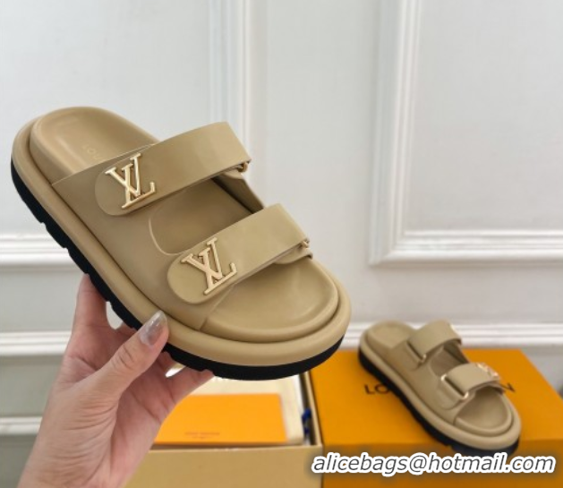Classic Hot Louis Vuitton Comfort Slides Sandal in Leather with LV Strap Beige 2025 LV042202