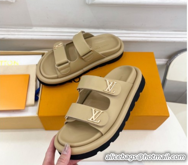 Classic Hot Louis Vuitton Comfort Slides Sandal in Leather with LV Strap Beige 2025 LV042202