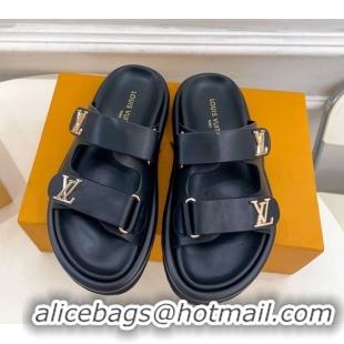 Purchase Louis Vuitton Comfort Slides Sandal in Leather with LV Strap Black 2025 LV042202