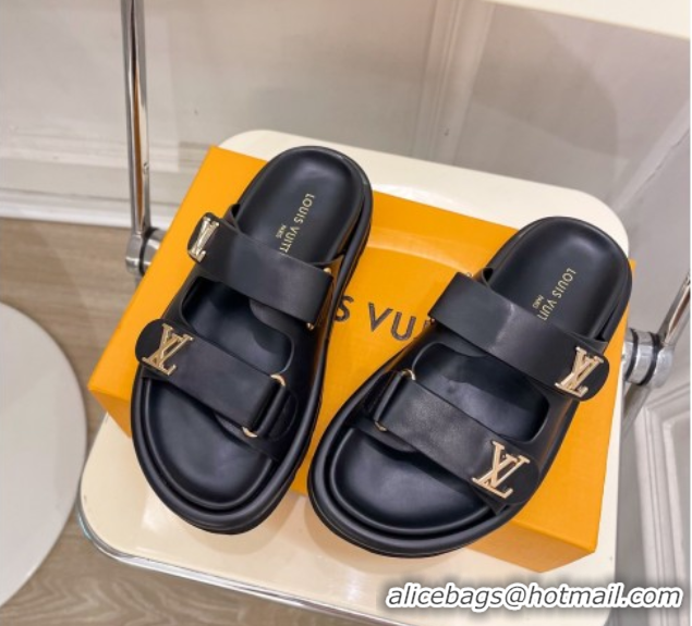 Purchase Louis Vuitton Comfort Slides Sandal in Leather with LV Strap Black 2025 LV042202
