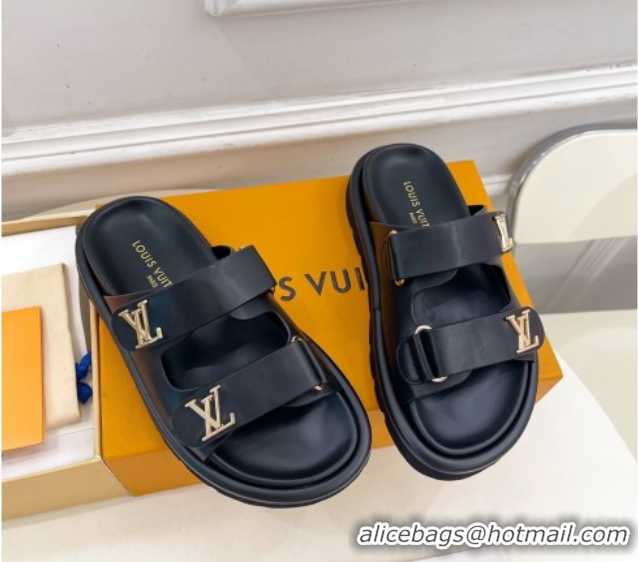 Purchase Louis Vuitton Comfort Slides Sandal in Leather with LV Strap Black 2025 LV042202