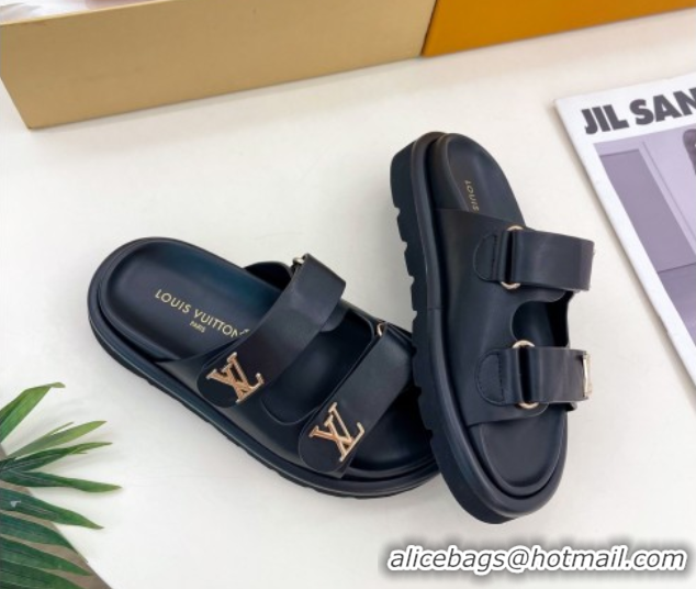 Purchase Louis Vuitton Comfort Slides Sandal in Leather with LV Strap Black 2025 LV042202