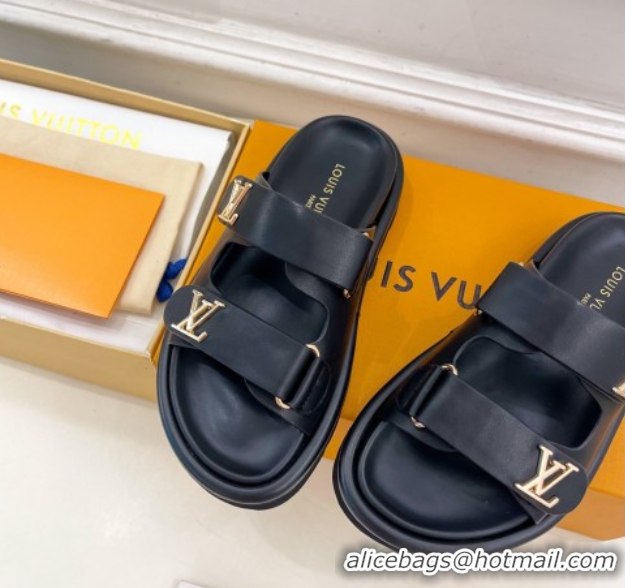 Purchase Louis Vuitton Comfort Slides Sandal in Leather with LV Strap Black 2025 LV042202