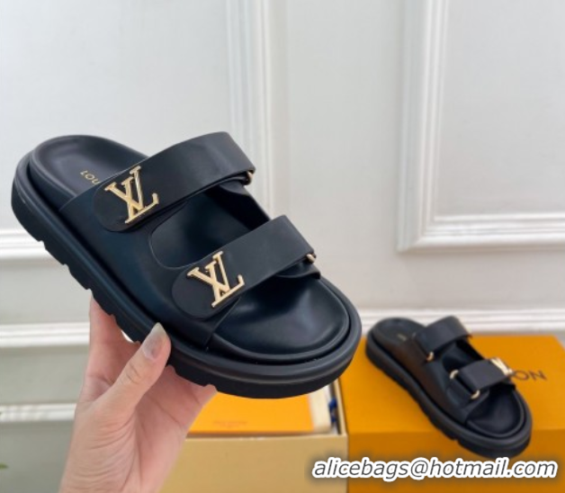 Purchase Louis Vuitton Comfort Slides Sandal in Leather with LV Strap Black 2025 LV042202