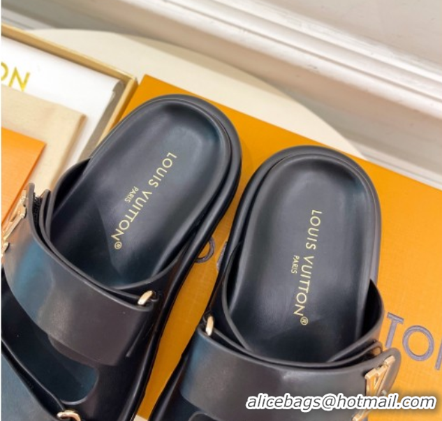 Purchase Louis Vuitton Comfort Slides Sandal in Leather with LV Strap Black 2025 LV042202