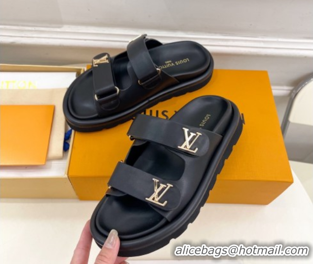 Purchase Louis Vuitton Comfort Slides Sandal in Leather with LV Strap Black 2025 LV042202