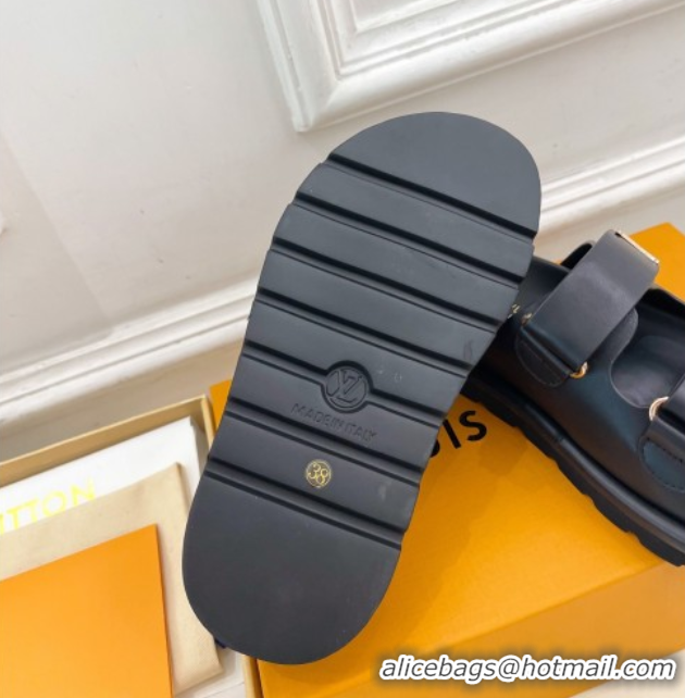 Purchase Louis Vuitton Comfort Slides Sandal in Leather with LV Strap Black 2025 LV042202