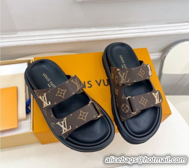 Sumptuous Louis Vuitton Comfort Slides Sandal in Monogram Canvas with LV Strap Brown 2025 LV042202