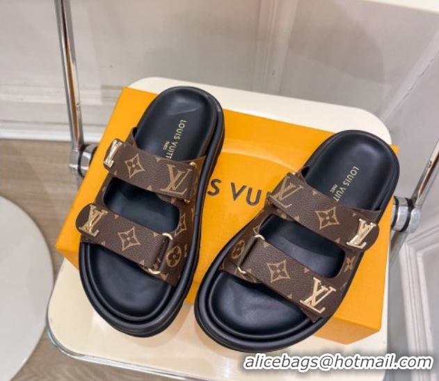 Sumptuous Louis Vuitton Comfort Slides Sandal in Monogram Canvas with LV Strap Brown 2025 LV042202