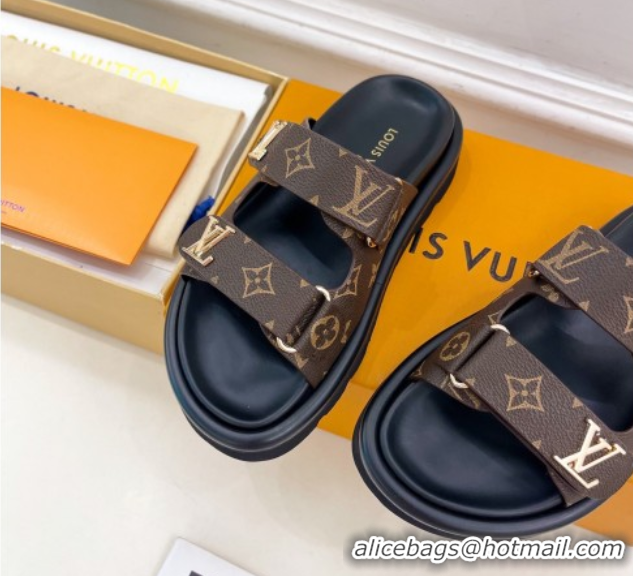Sumptuous Louis Vuitton Comfort Slides Sandal in Monogram Canvas with LV Strap Brown 2025 LV042202
