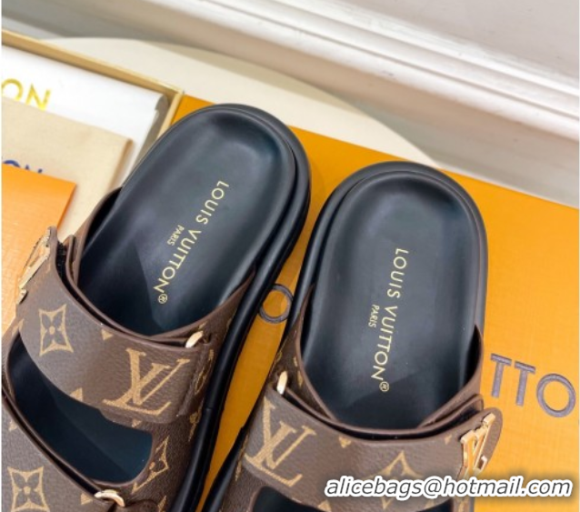 Sumptuous Louis Vuitton Comfort Slides Sandal in Monogram Canvas with LV Strap Brown 2025 LV042202