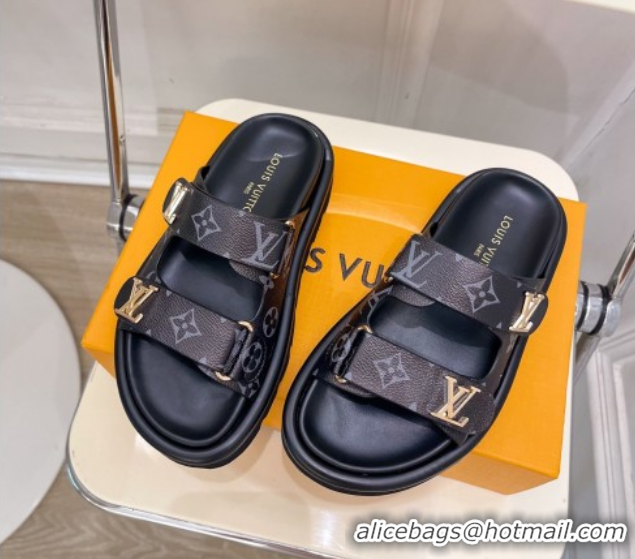 Stylish Louis Vuitton Comfort Slides Sandal in Monogram Canvas with LV Strap Black LV042202